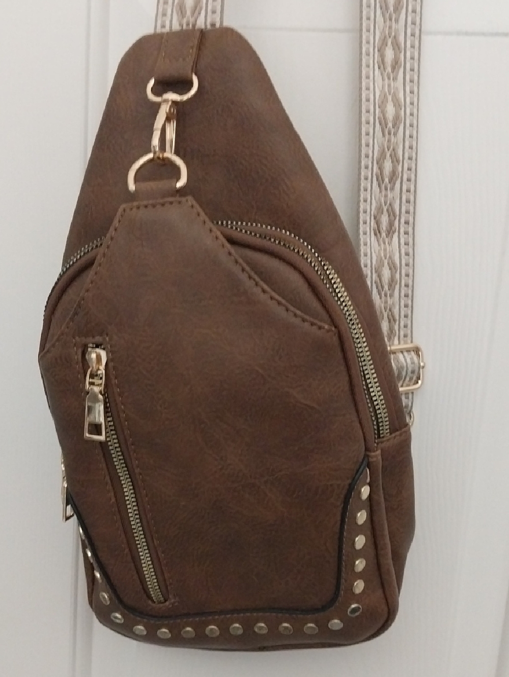 Brown Faux-Leather Studded Crossbody Sling Bag for Women